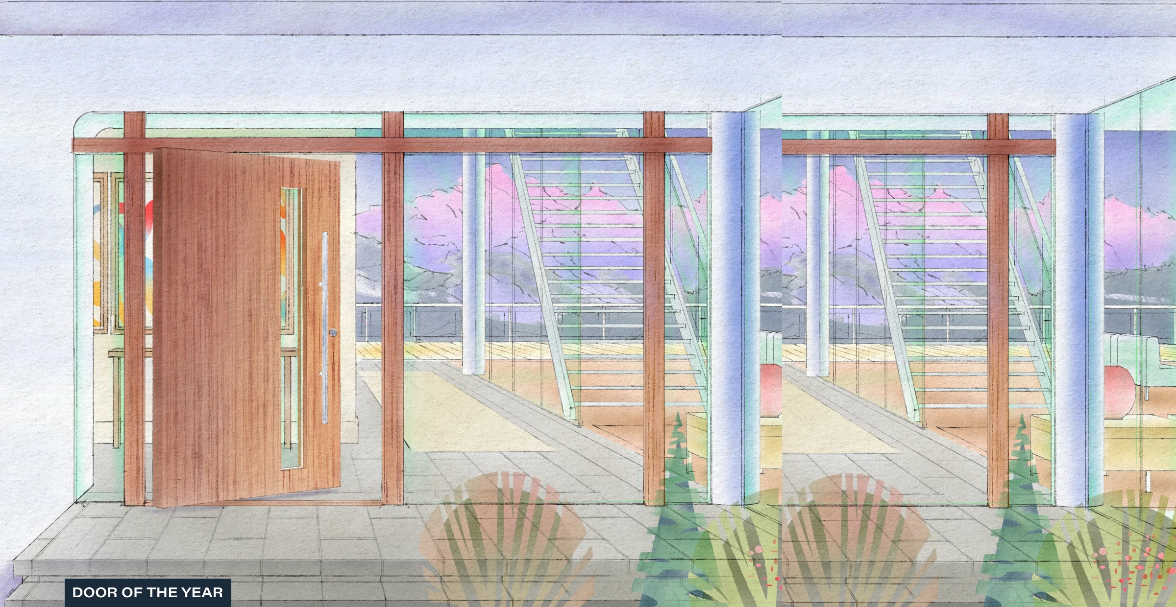 Pivot entry door with vertical glass panels