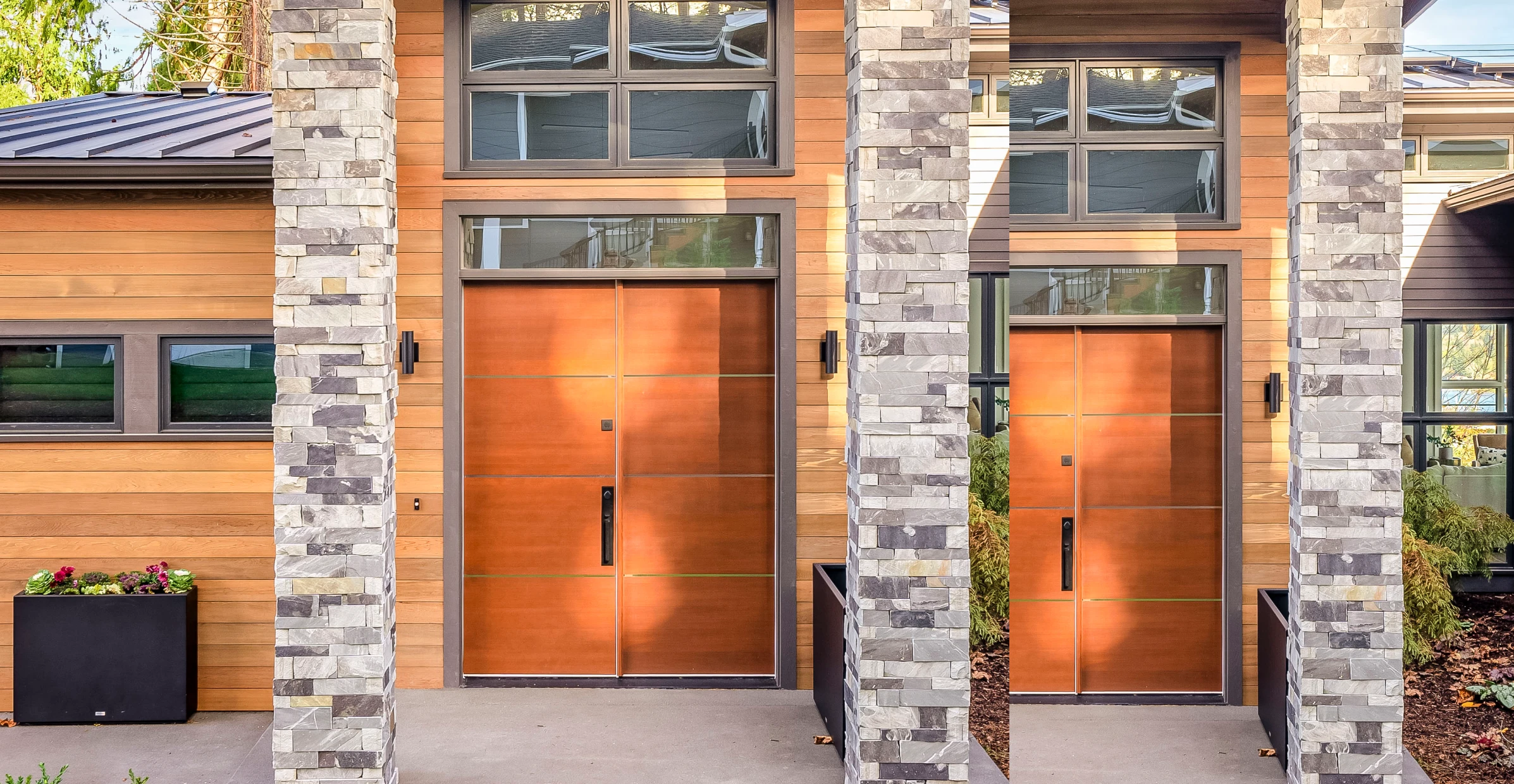 Modern house entrance with wood double doors, stone columns, and horizontal plank siding